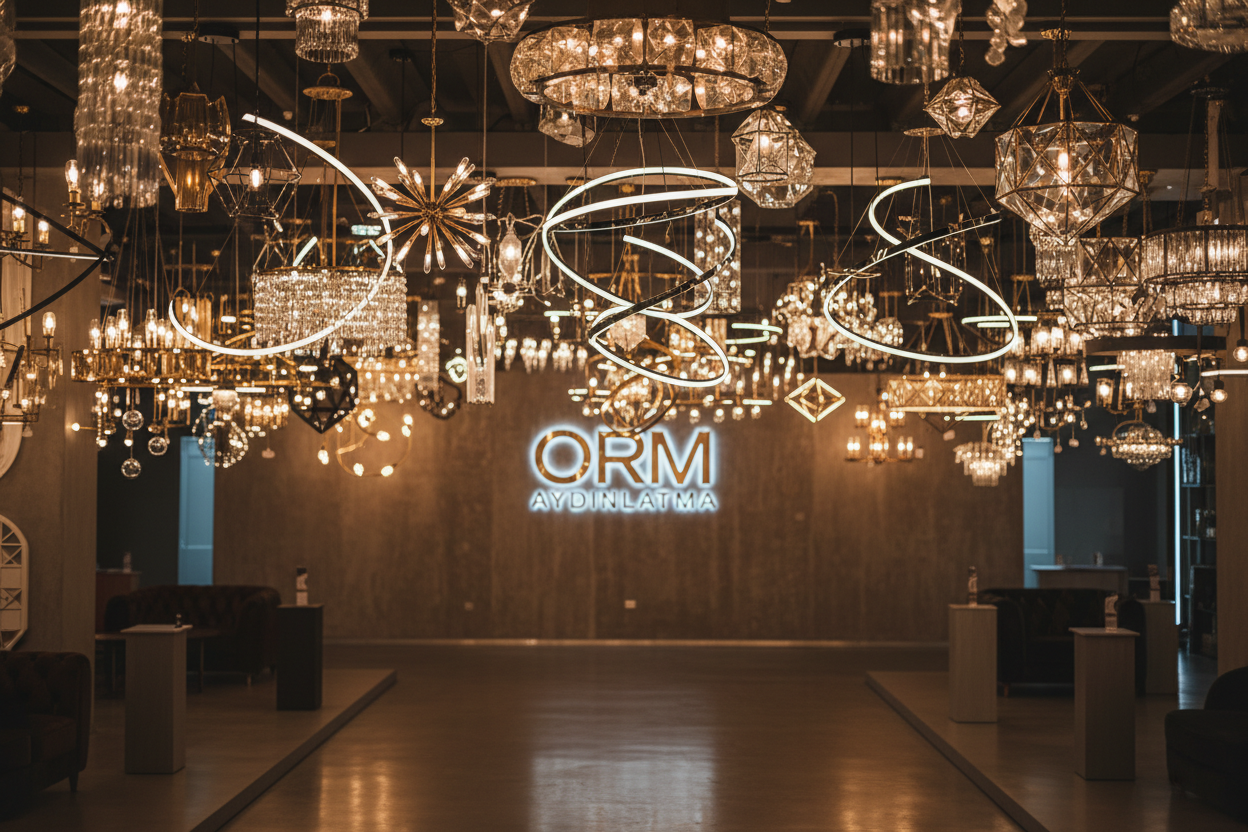 AVİZELER İLE DOLU BİR MAĞAZA TAVANI TABELA ORM AYDINLATMA 
