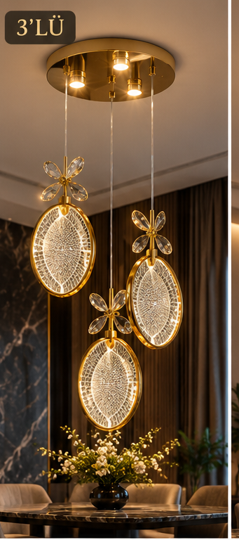 Çiçek detaylı kristal avize 3'lü model