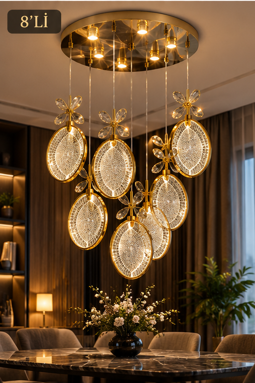 Çiçek detaylı kristal avize 8'li model