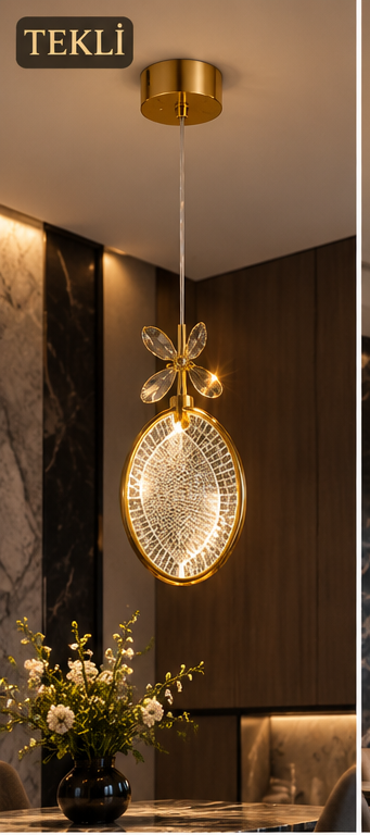 Çiçek detaylı kristal avize tekli model