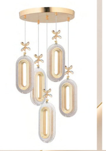ORM10 - Alfa 5li Gold Ledli Kristal Taşlı Avize